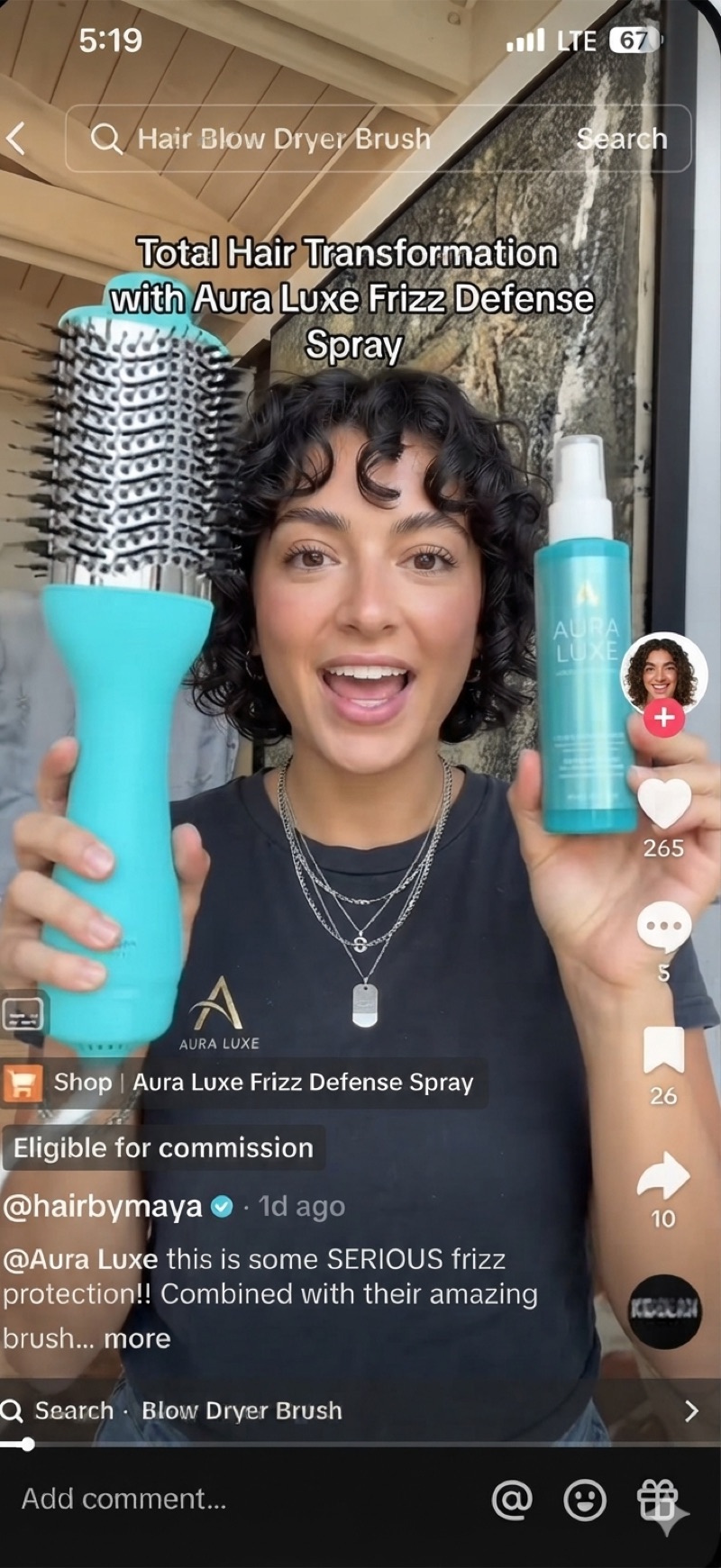 TikTok Shop search result: a creator holding a turquoise blow dryer brush and Aura Luxe frizz defense spray