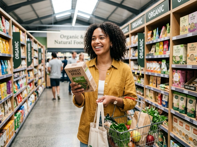 In-store customer interview in a retail aisle discussing product choices