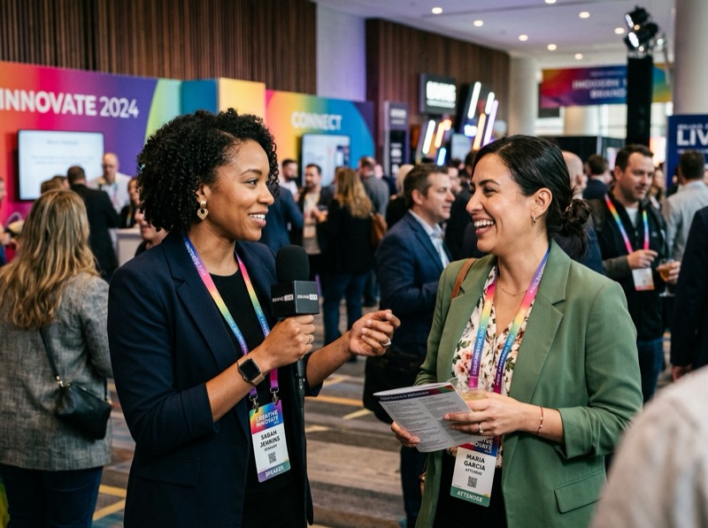 Live event and pop-up interview with attendees and a reporter microphone