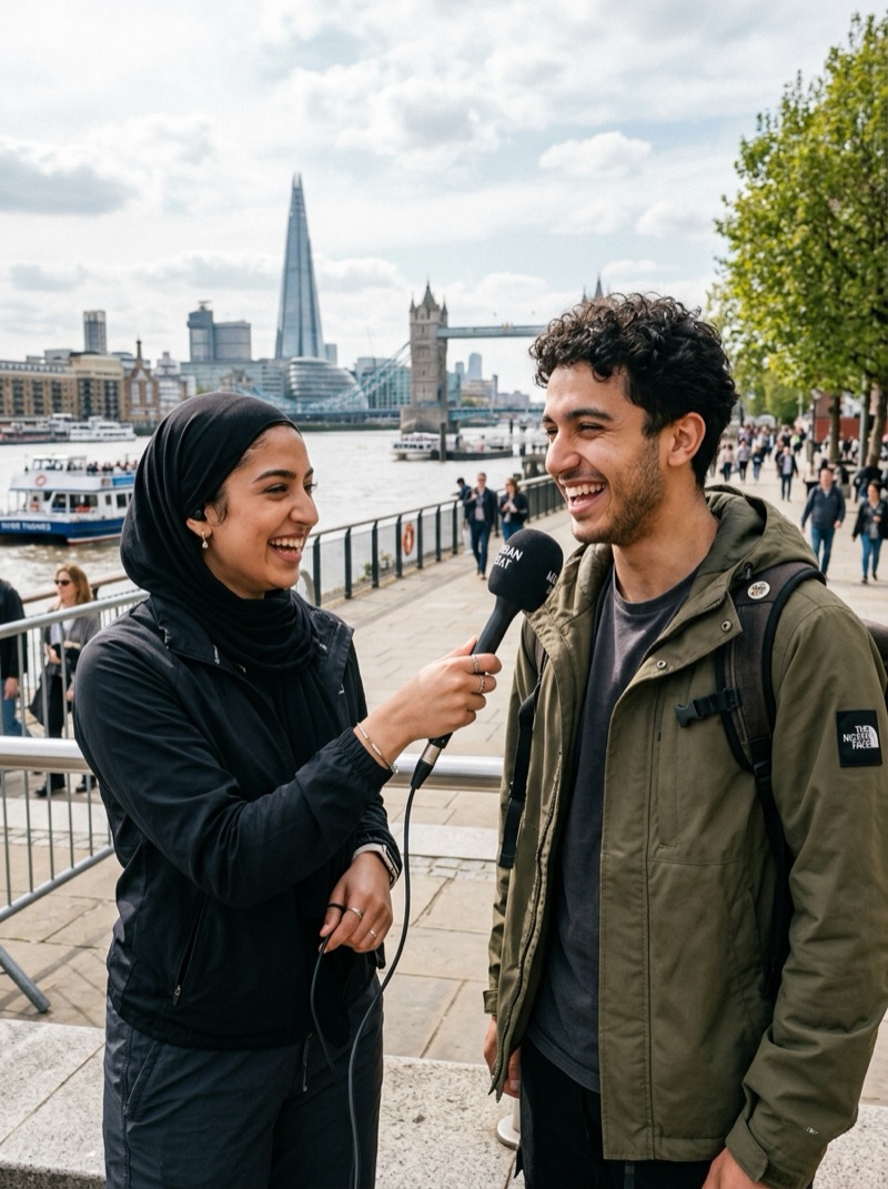 Street interview with a smiling pedestrian sharing authentic opinions