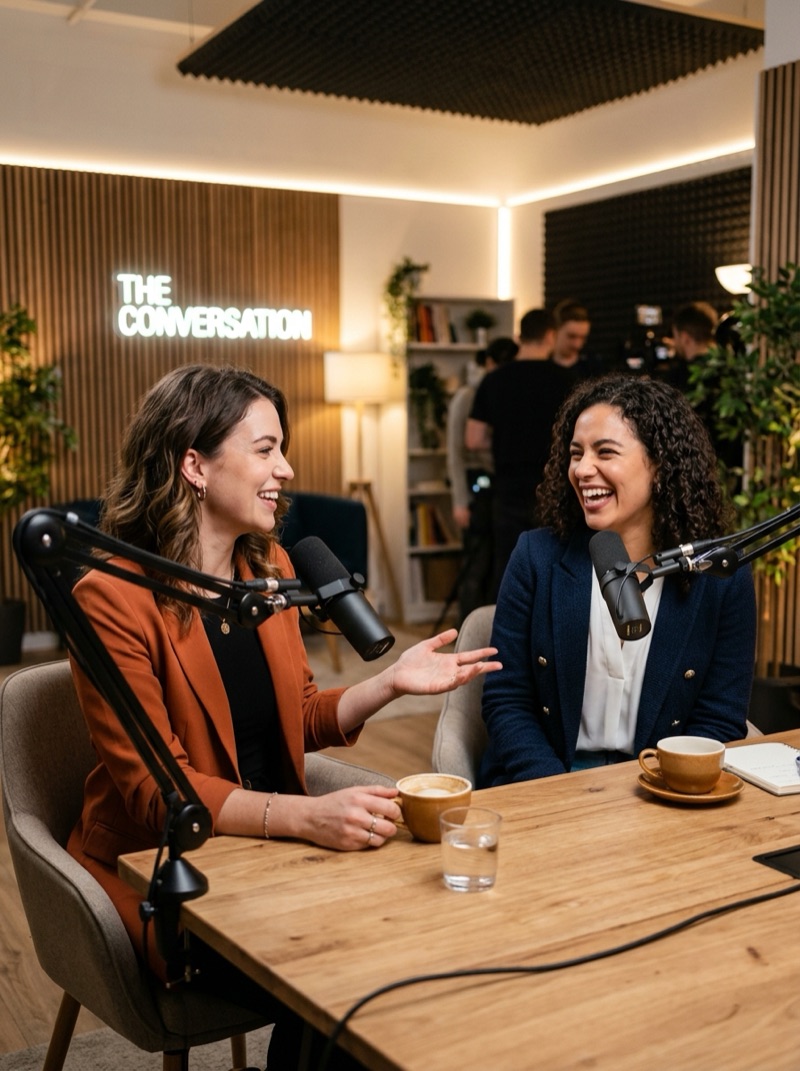 Two podcast hosts in discussion with studio microphones