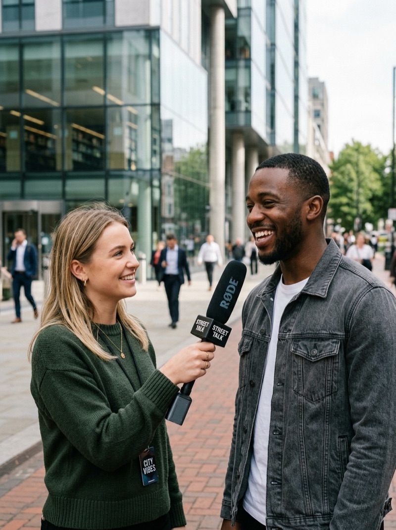 Two friends stopped on the sidewalk for an unscripted street interview