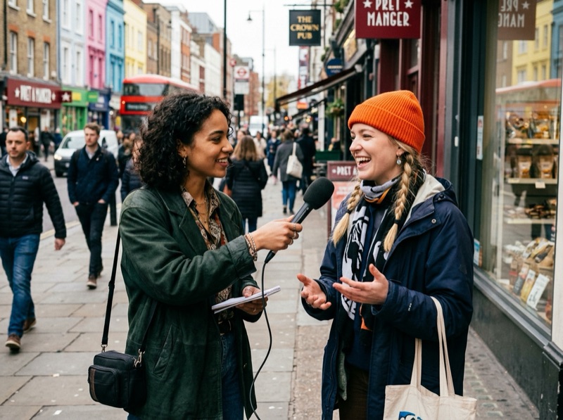 Street interview on the sidewalk asking real consumers questions