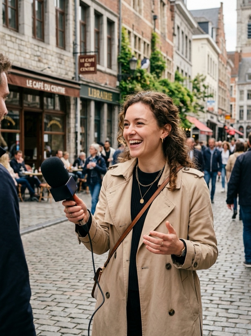 Street interviewer in a city centre asking pedestrians candid questions